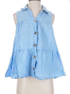 NWT ZARA 100% Linen Light Blue Sleeveless Tiered Button-Front Oversized Top XL